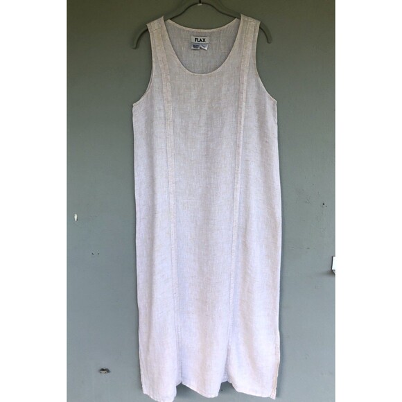 Flax Linen Maxi Dress Women S Cream Sleeveless Midi Relax Side Slits Lagenlook - Picture 2 of 14